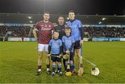 20 February 2016; Mascots Evan Coyne, aged 8, left, and Ryan Coyne, aged 11, both from Trinity Gaels, with David Burke, left, Galway captain, Fergal Horgan, referee, and Liam Rushe, Dublin captain, before the game. Allianz Hurling League, Division 1A, Round 2, Dublin v Galway, Parnell Park, Dublin. Picture credit: Piaras Ó Mídheach / SPORTSFILE