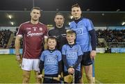 20 February 2016; Mascots Evan Coyne, aged 8, left, and Ryan Coyne, aged 11, both from Trinity Gaels, with David Burke, left, Galway captain, Fergal Horgan, referee, and Liam Rushe, Dublin captain, before the game. Allianz Hurling League, Division 1A, Round 2, Dublin v Galway, Parnell Park, Dublin. Picture credit: Piaras Ó Mídheach / SPORTSFILE