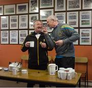 21 February 2016; The Kilkenny kit manager, Dennis 'Rackard' Cody, and the Tipperary kit manager, John 'Hotpoint' Hayes, relax over a cup of tea before the game. Allianz Hurling League, Division 1A, Round 2, Kilkenny v Tipperary, Nowlan Park, Kilkenny. Picture credit: Ray McManus / SPORTSFILE