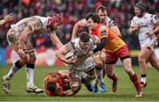21 February 2016; Robbie Diack, Ulster, is tackled by Rhodri Williams, Scarlets. Guinness PRO12, Round 15, Ulster v Scarlets, Kingspan Stadium, Ravenhill Park, Belfast. Co. Antrim. Picture credit: Oliver McVeigh / SPORTSFILE