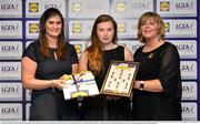 1 June 2016; Maria Byrne, Wexford, centre, receives her Division 3 Lidl Ladies Team of the League Award from Aoife Clarke, head of communications, Lidl Ireland, left, and Marie Hickey, President of Ladies Gaelic Football, right, at the Lidl Ladies Teams of the League Award Night. The Lidl Teams of the League were presented at Croke Park with 60 players recognised for their performances throughout the 2016 Lidl National Football League Campaign. The 4 teams were selected by opposition managers who selected the best players in their position with the players receiving the most votes being selected in their position. Croke Park, Dublin. Photo by Cody Glenn/Sportsfile