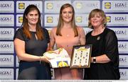 1 June 2016; Anna McCann, Antrim, centre, receives her Division 4 Lidl Ladies Team of the League Award from Aoife Clarke, head of communications, Lidl Ireland, left, and Marie Hickey, President of Ladies Gaelic Football, right, at the Lidl Ladies Teams of the League Award Night. The Lidl Teams of the League were presented at Croke Park with 60 players recognised for their performances throughout the 2016 Lidl National Football League Campaign. The 4 teams were selected by opposition managers who selected the best players in their position with the players receiving the most votes being selected in their position. Croke Park, Dublin. Photo by Cody Glenn/Sportsfile