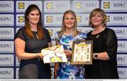 1 June 2016; Olivia Giltenane, Limerick, centre, receives her Division 4 Lidl Ladies Team of the League Award from Aoife Clarke, head of communications, Lidl Ireland, left, and Marie Hickey, President of Ladies Gaelic Football, right, at the Lidl Ladies Teams of the League Award Night. The Lidl Teams of the League were presented at Croke Park with 60 players recognised for their performances throughout the 2016 Lidl National Football League Campaign. The 4 teams were selected by opposition managers who selected the best players in their position with the players receiving the most votes being selected in their position. Croke Park, Dublin. Photo by Cody Glenn/Sportsfile