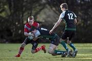 22 January 2010; Andrew Moloney, Glenstal Abbey, in action against James Bendon and Will Godsil, Bandon Grammar. Munster Avonmore Milk Schools Senior Cup, Bandon Grammar v Glenstal Abbey. Bandon, Co. Cork. Picture credit: Ken Sutton / SPORTSFILE