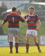 23 January 2010; Ciaran Kavanagh, left, Clontarf, congratulates team-mate Phil Howard after he scored his side's first try. AIB League Division 1A, Blackrock College v Clontarf, Stradbrook Road, Blackrock, Co. Dublin. Photo by Sportsfile