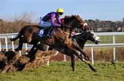 24 Janurary 2010; Rite of Passage, 6, with Robbie McNamara up, jump the last on their way to winning the Frank Conroy Memorial Maiden Hurdle from second place Grey Soldier, with Davy Russell up. Leopardstown Racecourse, Dublin. Picture credit: Matt Browne / SPORTSFILE