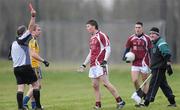 24 January 2010; Gareth Bradshaw, NUIG, is sent off by the referee, against Roscommon. Connacht FBD League, Group A, Round 2, NUIG v Roscommon, Dangan GAA Grounds, Dangan, Co. Galway. Picture credit: Ray Ryan / SPORTSFILE