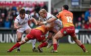 21 February 2016; Stuart Olding, Ulster, is tackled by Aaron Shingler and Regan King, Scarlets. Guinness PRO12, Round 15, Ulster v Scarlets, Kingspan Stadium, Ravenhill Park, Belfast. Co. Antrim. Picture credit: Oliver McVeigh / SPORTSFILE