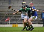 21 February 2016; Graeme Mulcahy, Limerick, in action against Sean Weir, right, and goalkeeper Martin Stackpoole, Kerry. Allianz Hurling League, Division 1B, Round 2, Kerry v Limerick, Fitzgerald Stadium, Killarney, Co. Kerry. Picture credit: Brendan Moran / SPORTSFILE