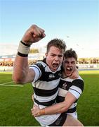 22 February 2016; Conor Jennings, left, and James Kenny, Belvedere College, celebrate their side's victory. Bank of Ireland Leinster Schools Senior Cup Quarter-Final Replay, Blackrock College v Belvedere College. Donnybrook Stadium, Donnybrook, Dublin. Picture credit: Stephen McCarthy / SPORTSFILE