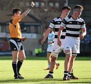 22 February 2016; Senan McNulty, Belvedere College, right, receives a yellow card from referee Dermot Blake. Bank of Ireland Leinster Schools Senior Cup Quarter-Final Replay, Blackrock College v Belvedere College. Donnybrook Stadium, Donnybrook, Dublin. Picture credit: Stephen McCarthy / SPORTSFILE