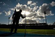 23 February 2016; Ultan Daly sets up Leinster Rugby flags ahead of the game. McMullen Cup Final, St. Conleth's College v St. Mary's CBS Enniscorthy, Donnybrook Stadium, Donnybrook, Dublin. Picture credit: Cody Glenn / SPORTSFILE