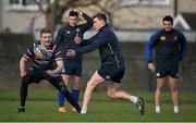 23 February 2016; Leinster's Garry Ringrose, centre, in action against Steve Crosbie during squad training. Thirnfields, UCD, Belfield, Dublin. Picture credit: Brendan Moran / SPORTSFILE