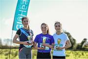 23 February 2016; On the podium after the Minor Girls race are, from left, third placed Ruth Moran, SH Westport, first placed Katie Gibbons, SH Westport, and second placed Michelle Callanan, St. Killians College New Inn. GloHealth Connacht Schools' Cross Country Championships. Calry Community Park, Sligo. Picture credit: Ramsey Cardy / SPORTSFILE