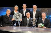 25 January 2010; RTÉ Sport's have announced their coverage of the 2010 RBS 6 Nations Rugby Championship. All 15 matches over the 5 weekends will be broadcast live on RTE Two television, RTE Radio and rte.ie within Ireland. Pictured with the Six Nations Championship and the Triple Crown trophies are, from left, Tom McGurk, Tracy Piggott, Ryle Nugent, Brent Pope, John Kenny and Victor Costello. RTÉ Television Studios, Donnybrook, Dublin. Picture credit: Brendan Moran / SPORTSFILE