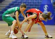 25 January 2010; Karen Ni Chonchuir, Pobalscoil Chorca Dhuibhne, in action against Kylie Roddy, St. Nathy’s. All-Ireland School Cup Finals 2010 - U16 Girls B Final, Pobalscoil Chorca Dhuibhne, Kerry, v St. Nathy’s, Roscommon, National Basketball Arena, Tallaght, Dublin. Picture credit: Stephen McCarthy / SPORTSFILE