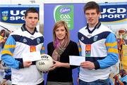 25 January 2010; Pictured at the announcement of the Cadburys UCD Gaelic Football Scholarship recipients are Aislinn O'Driscoll, Cadburys, with the scholarship recipients Donal O'Currain, Donegal Under 21's and John Heslin, right, Westmeath Under 21's. These scholarships are part of Cadbury's sponsorship of the All Ireland Under 21 Football Championship. Sports Centre, UCD, Belfield, Dublin. Photo by Sportsfile