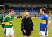 24 January 2010; Referee Michael Collins, Cork, tosses the coin between Kerry captain Killian Young and Tipperary captain Niall Curran. McGrath Cup Semi-Final, Kerry v Tipperary, Fitzgerald Stadium, Killarney, Co. Kerry. Picture credit: Stephen McCarthy / SPORTSFILE