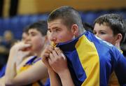 27 January 2010; David McEnaney, Patrician High School, shows his disappointment at the end of the match. All-Ireland School Cup Finals 2010 - U16 Boys B Final, Patrician High School, Monaghan v Pobailscoil Inbhear Sceine, Kerry, National Basketball Arena, Tallaght, Dublin. Picture credit: Brian Lawless / SPORTSFILE
