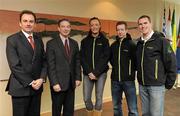 27 January 2010; At the announcement of the Irish team who will compete at the 2010 Winter Olympic Games in Vancouver, Canada, which start of the 12th February next, are, from left, Stephen Martin, CEO, Olympic Council of Ireland, His Excellency, Patrick Binns, Canadian Ambassador to Ireland, with Irish team members, Aoife Hoey, Women's Bobsleigh, Shane O'Connor, Alpine Slalom, and Pat Shannon, Skeleton Bobsleigh. Embassy of Canada to Ireland, Dublin. Picture credit: Brendan Moran / SPORTSFILE