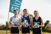 23 February 2016; On the podium after the Intermediate Girls race are, from left, second placed Aoife Morries, St Mary's College, Ballysadare, first placed Aoife O'Brien, SH Westport, and third placed Ailbhe Morgan, Ursiline, Sligo. GloHealth Connacht Schools' Cross Country Championships. Calry Community Park, Sligo. Picture credit: Ramsey Cardy / SPORTSFILE