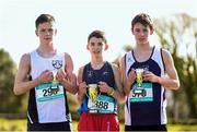 23 February 2016; On the podium after the Junior Boys race are, from left, third placed Luke Dawson, Rice College, Westport, first placed Thomas Devaney, St Geralds College, Castlebar, and second placed Jakob Farrell, Seamount College, Kinvara. GloHealth Connacht Schools' Cross Country Championships. Calry Community Park, Sligo. Picture credit: Ramsey Cardy / SPORTSFILE