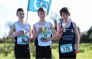 23 February 2016; On the podium after the Minor Boys race are, from left, Oisin Ryall, Rice College, Westport, Rossa McAllister, Rice College, Westport, and Michael Morgan, Summerhill College, Sligo.GloHealth Connacht Schools' Cross Country Championships. Calry Community Park, Sligo. Picture credit: Ramsey Cardy / SPORTSFILE