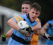 20 February 2016; Tom Hayes, University College Dublin, in action againsy Stephen Attride, Dublin City University. Independent.ie HE GAA Sigerson Cup Final, University College Dublin v Dublin City University, UUJ, Jordanstown, Co. Antrim. Picture credit: Oliver McVeigh / SPORTSFILE