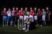 24 February 2016; Players from each of the SSE Airtricity League Premier division teams are, from left Ryan Connolly, Galway United, Adam Hanlon, Finn Harps, Ryan McBride, Derry City, Kurtis Byrne, Bohemians, Kieran Saddlier, Sligo Rovers, John Dunleavy, Cork City, Stephen O'Donnell, Dundalk, Ger O'Brien, St. Patrick's Athletic, Conor Kenna, Bray Wanderers, Conor Powell, Longford Town, Harry Cornally, Shamrock Rovers, and Graham Doyle, Wexford Youths FC, during the launch of the 2016 SSE Airtricity League. Aviva Stadium, Dublin. Picture credit: David Maher / SPORTSFILE