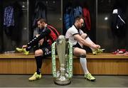 24 February 2016; Kurtis Byrne, left, Boheminans FC, and Stephen O'Donnell, Dundalk FC, at the launch of the 2016 SSE Airtricity League. Aviva Stadium, Dublin. Picture credit: David Maher / SPORTSFILE