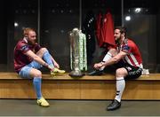 24 February 2016; Ryan Connolly, left, Galway United FC, and Ryan McBride, Derry City, at the launch of the 2016 SSE Airtricity League. Aviva Stadium, Dublin. Picture credit: David Maher / SPORTSFILE
