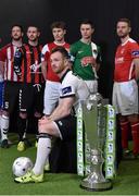 24 February 2016; Players from each of the SSE Airtricity League Premier division teams are, from left, Ryan McBride, Derry City, Kurtis Byrne, Bohemians, Kieran Saddlier, Sligo Rovers, Stephen O'Donnell, Dundalk, John Dunleavy, Cork City, and Ger O'Brien, St. Patrick's Athletic, during the launch of the 2016 SSE Airtricity League. Aviva Stadium, Dublin. Picture credit: Brendan Moran / SPORTSFILE