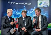 24 February 2016; Dundalk manager Stephen Kenny, right, and Limerick FC manager Martin Russell are interviewed by MC Con Murphy, left, during the launch of the 2016 SSE Airtricity League. Aviva Stadium, Dublin. Picture credit: Brendan Moran / SPORTSFILE
