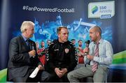 24 February 2016; Derry City manager Kenny Shiels, centre, and Wexford Youths manager Shane Keegan, right, are interviewed during the launch of the 2016 SSE Airtricity League. Aviva Stadium, Dublin. Picture credit: Brendan Moran / SPORTSFILE