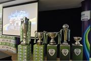 24 February 2016; A general view of the trophies on display during the launch of the 2016 SSE Airtricity League. Aviva Stadium, Dublin. Picture credit: Brendan Moran / SPORTSFILE
