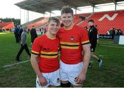 24 February 2016; Colin Sisk, left and Daire Feeney, CBC, celebrate after the game. Munster Schools Senior Cup, Semi-Final, CBC v PBC, Irish Independent Park, Cork. Picture credit: Eóin Noonan / SPORTSFILE