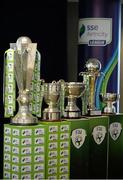 24 February 2016; A general view of the trophies at the launch of the 2016 SSE Airtricity League. Aviva Stadium, Dublin. Picture credit: Brendan Moran / SPORTSFILE