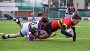 25 February 2016; James Reynolds, CBC Monkstown, is tackled by Eddie Boland, top, and Christopher Martin, Clongowes Wood College. Ireland Leinster Schools Junior Cup Round 2, CBC Monkstown v Clongowes Wood College. Donnybrook Stadium, Donnybrook, Dublin. Picture credit: Cody Glenn / SPORTSFILE