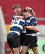 25 February 2016; Billy O'Hora, Crescent College Comprehensive, centre, celebrates with team-mates Matthew Hanly, left, and Calvin Nash after scoring his side's final try of the game. Munster Schools Senior Cup Semi-Final, Crescent College Comprehensive v Castletroy College. Thomond Park, Limerick. Picture credit: Diarmuid Greene / SPORTSFILE