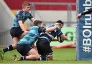 25 February 2016; Bailey Faloon, Crescent College Comprehensive, scores a second-half try despite the efforts of Joey Conway and Steven Atkinson, left, Castletroy College. Munster Schools Senior Cup Semi-Final, Crescent College Comprehensive v Castletroy College. Thomond Park, Limerick. Picture credit: Diarmuid Greene / SPORTSFILE