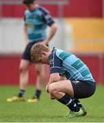 25 February 2016; Steven Atkinson, Castletroy College, reacts after Billy O'Hora, Crescent College Comprehensive, scored his side's fifth try. Munster Schools Senior Cup Semi-Final, Crescent College Comprehensive v Castletroy College. Thomond Park, Limerick. Picture credit: Diarmuid Greene / SPORTSFILE