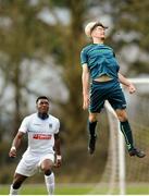 25 February 2016; Dylan Kavanagh, Maynooth University, wins a header. Collingwood Cup Semi-Final, University College Dublin v Maynooth University. The Farm, UCC, Cork. Picture credit: Eóin Noonan / SPORTSFILE