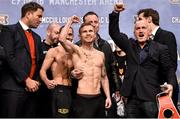 26 February 2016; Eddie Hearn, left, Carl Frampton and Barry McGuigan following the weigh-in for the IBF & WBA Super-Bantamweight World Unification Title Fight bout between Carl Frampton and Scott Quigg. Carl Frampton v Scott Quigg - IBF & WBA Super-Bantamweight World Unification Title Fight Weigh-In. Manchester Arena, Manchester. Picture credit: Ramsey Cardy / SPORTSFILE