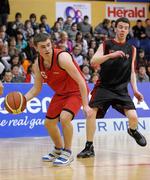 27 January 2010; Michael Gleeson, Chanel College, Dublin, in action against Ciaran Hegarty, St. Eunans, Letterkenny. All-Ireland School Cup Finals 2010 - U19 Boys B Final, St. Eunans, Letterkenny v Chanel College, Dublin, National Basketball Arena, Tallaght, Dublin. Picture credit: Brian Lawless / SPORTSFILE