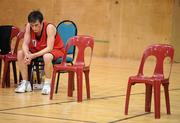 27 January 2010; Adam Ingle, Chanel College, Dublin, shows his disappointment after the match. All-Ireland School Cup Finals 2010 - U19 Boys B Final, St. Eunans, Letterkenny v Chanel College, Dublin, National Basketball Arena, Tallaght, Dublin. Picture credit: Brian Lawless / SPORTSFILE