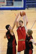 27 January 2010; John Chubb, Chanel College, Dublin, in action against Conor Dorrian, left, and Brendan McGlynn, St. Eunans, Letterkenny. All-Ireland School Cup Finals 2010 - U19 Boys B Final, St. Eunans, Letterkenny v Chanel College, Dublin, National Basketball Arena, Tallaght, Dublin. Picture credit: Brian Lawless / SPORTSFILE