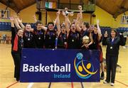 27 January 2010; The, St. Eunans, Letterkenny, team celebrate with the cup. All-Ireland School Cup Finals 2010 - U19 Boys B Final, St. Eunans, Letterkenny v Chanel College, Dublin, National Basketball Arena, Tallaght, Dublin. Picture credit: Brian Lawless / SPORTSFILE