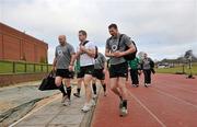 28 January 2010; Ireland players, from left, John Hayes, Jamie Heaslip and Donnacha Ryan arrive ahead of squad training ahead of their opening RBS Six Nations Rugby Championship game against Italy on February 6th. University of Limerick, Limerick. Picture credit: Diarmuid Greene / SPORTSFILE