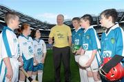 28 January 2010; The GAA has unveiled a new Respect Initiative aimed at fostering a new approach of fair play, mutual respect and good will to Gaelic football and hurling across all grades. A specific programme has been devised with clearly defined roles of responsibility for all of the key participants in our games including players, coaches, parents/guardians, managers and match officials. At the launch is Dublin football legend Barney Rock with pupils from St. Malachy's Primary School Armagh, from left, James Traynor, Kerys McCreesh, Alessia Donaghy, Paul Gacek, Lorcan McClean, and John McConville. GAA Museum Auditorium, Croke Park, Dublin. Picture credit: Brian Lawless / SPORTSFILE  *** Local Caption ***