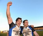 30 January 2010; Tom Gleeson, left, and Evan Ryan, Cork Constitution, celebrate their victory over Garryowen. AIB Cup Final, Cork Constitution v Garryowen, Dubarry Park, Athlone, Co. Westmeath. Picture credit: Stephen McCarthy / SPORTSFILE